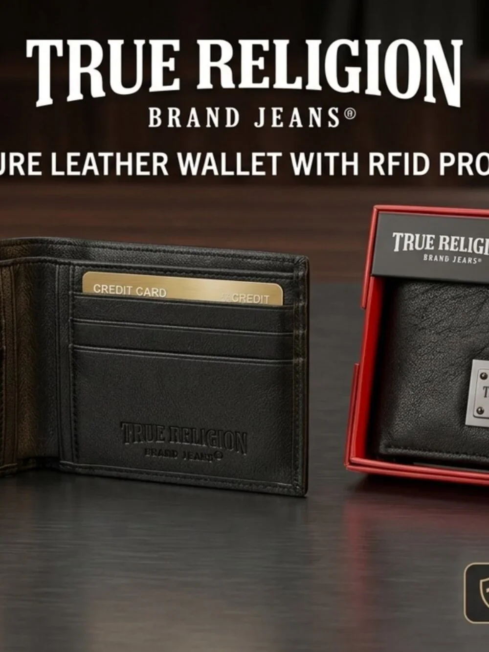 TRUE RELIGION Black Leather Bifold Wallet Logo Boxed RFID Gift for Men NWT